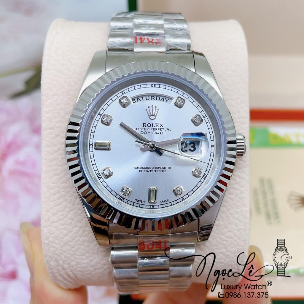 Đồng Hồ Rolex Day-Date Automatic Nam Dây Kim Loại Bạc Mặt Trắng 41mm