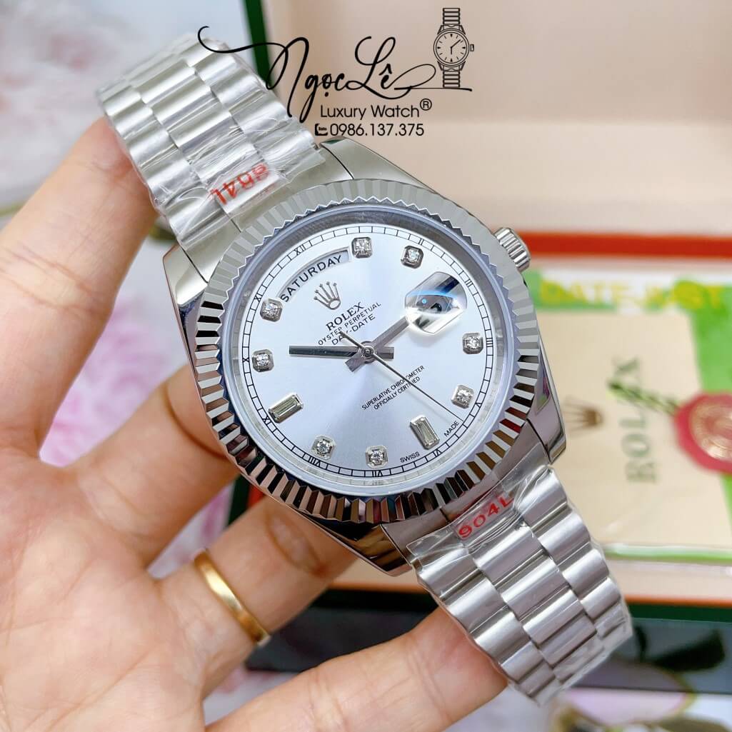 Đồng Hồ Rolex Day-Date Automatic Nam Dây Kim Loại Bạc Mặt Trắng 41mm