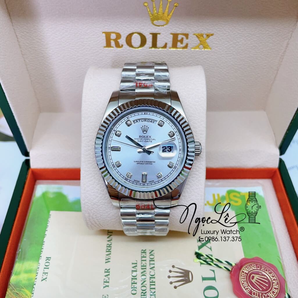 Đồng Hồ Rolex Day-Date Automatic Nam Dây Kim Loại Bạc Mặt Trắng 41mm