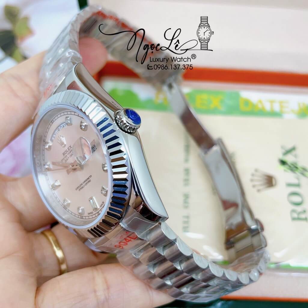 Đồng Hồ Rolex Day-Date Automatic Nam Dây Kim Loại Bạc Mặt Trắng 41mm