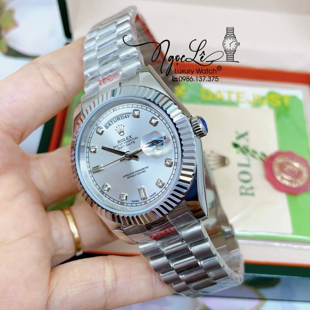 Đồng Hồ Rolex Day-Date Automatic Nam Dây Kim Loại Bạc Mặt Trắng 41mm