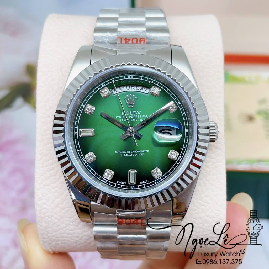 Đồng Hồ Rolex Day-Date Automatic Dây Kim Loại Bạc Mặt Ombre Xanh 41mm