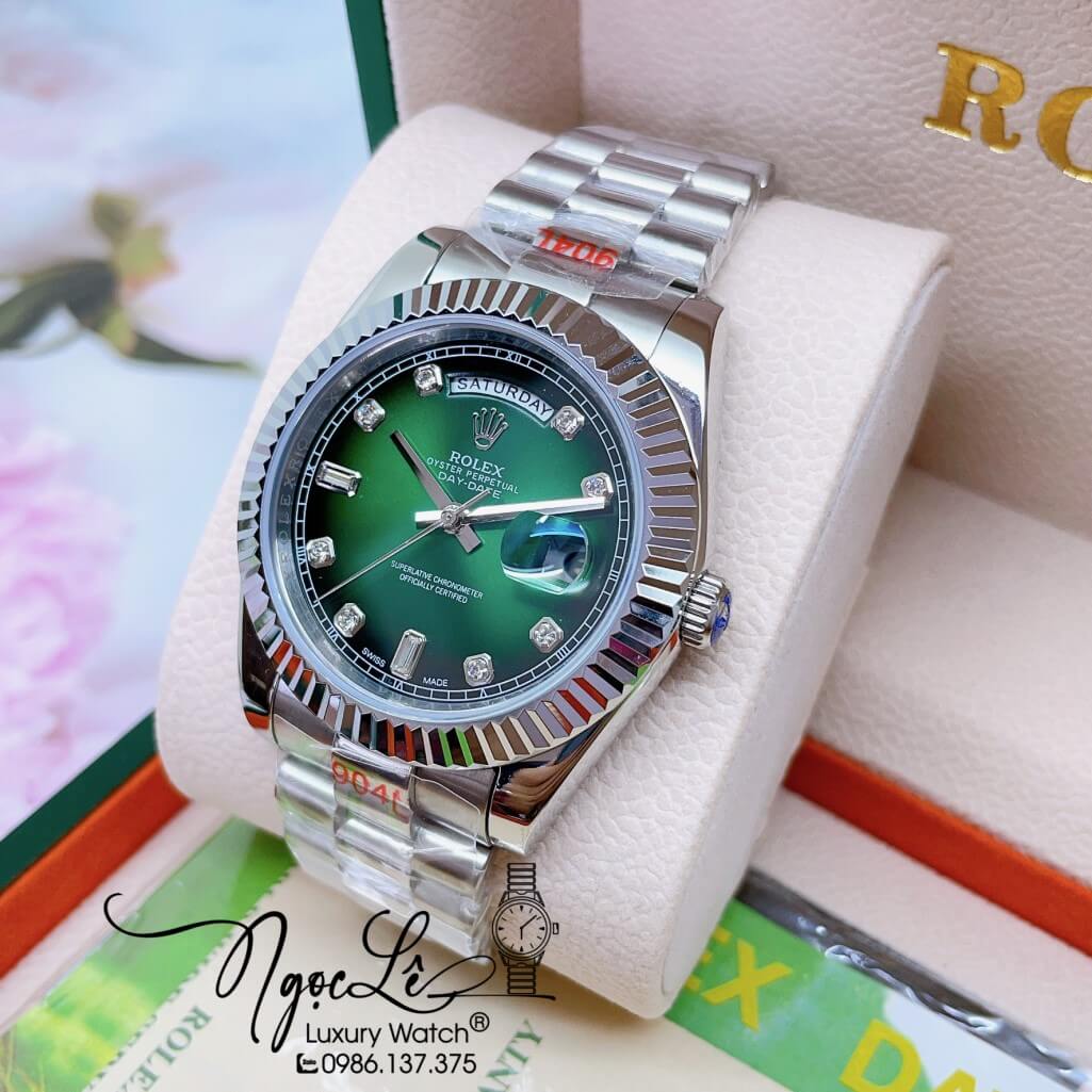 Đồng Hồ Rolex Day-Date Automatic Dây Kim Loại Bạc Mặt Ombre Xanh 41mm