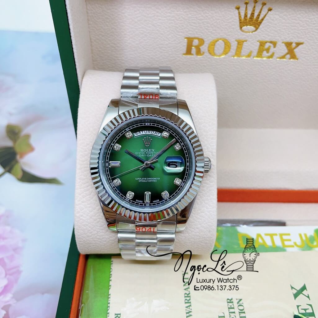 Đồng Hồ Rolex Day-Date Automatic Dây Kim Loại Bạc Mặt Ombre Xanh 41mm