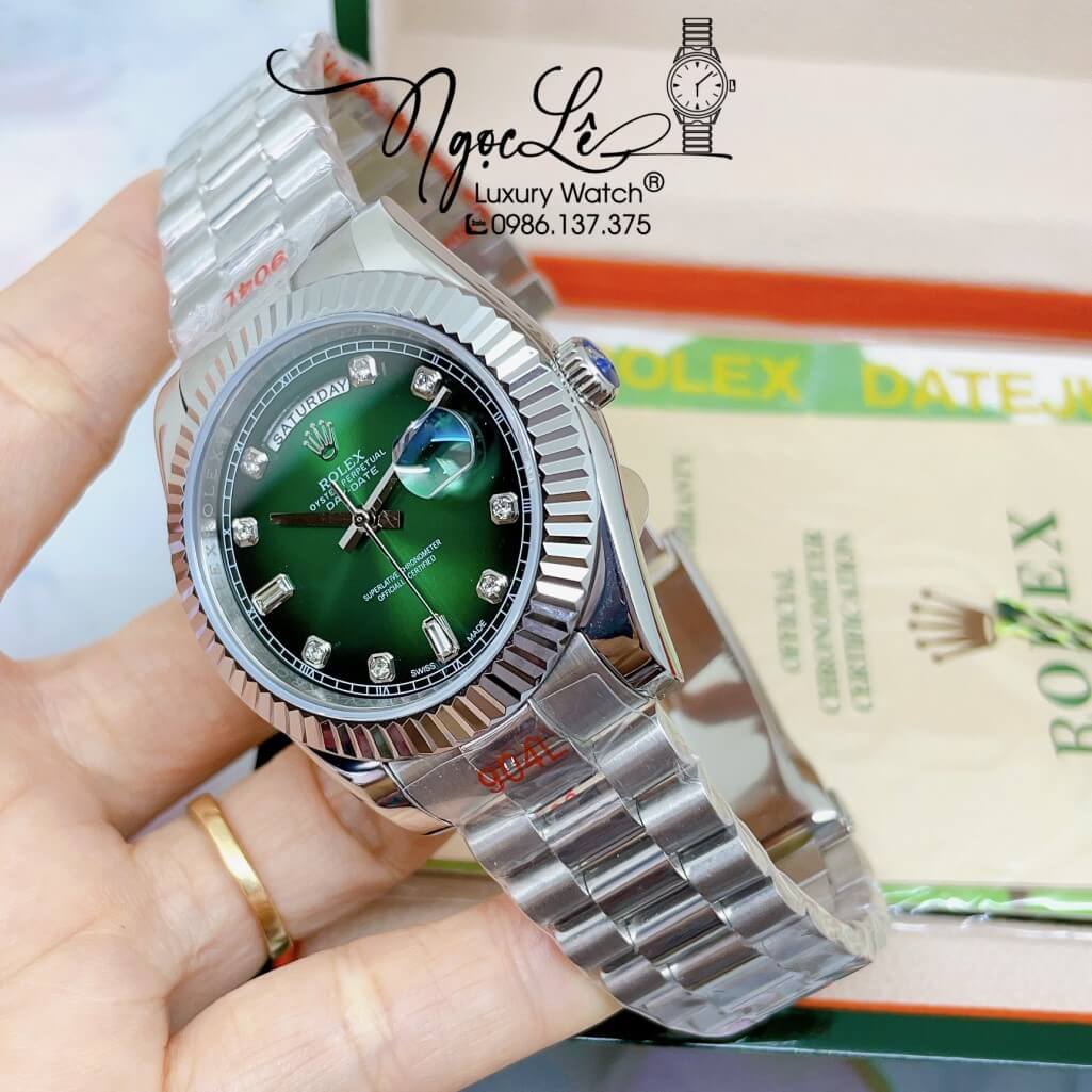 Đồng Hồ Rolex Day-Date Automatic Dây Kim Loại Bạc Mặt Ombre Xanh 41mm