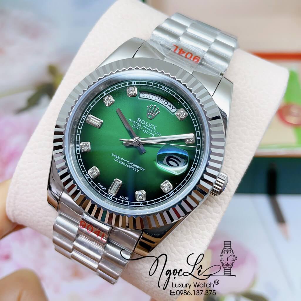 Đồng Hồ Rolex Day-Date Automatic Dây Kim Loại Bạc Mặt Ombre Xanh 41mm