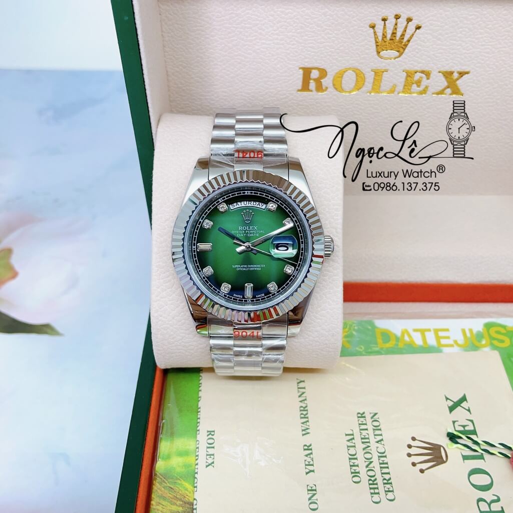 Đồng Hồ Rolex Day-Date Automatic Dây Kim Loại Bạc Mặt Ombre Xanh 41mm