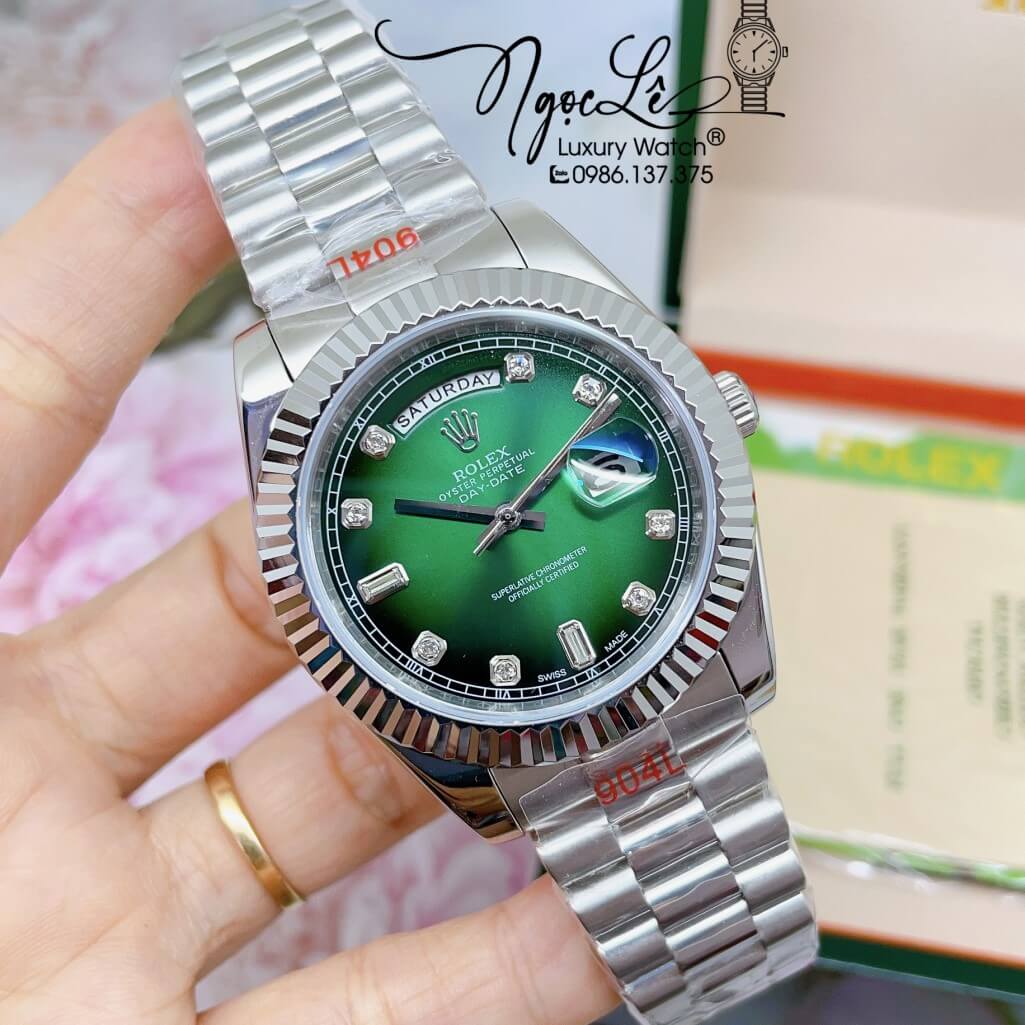 Đồng Hồ Rolex Day-Date Automatic Dây Kim Loại Bạc Mặt Ombre Xanh 41mm