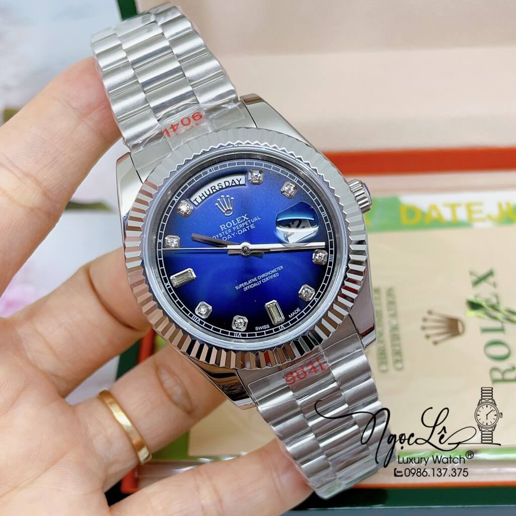Đồng Hồ Rolex Day-Date Automatic Dây Kim Loại Silver Mặt Ombre Xanh Dương 41mm