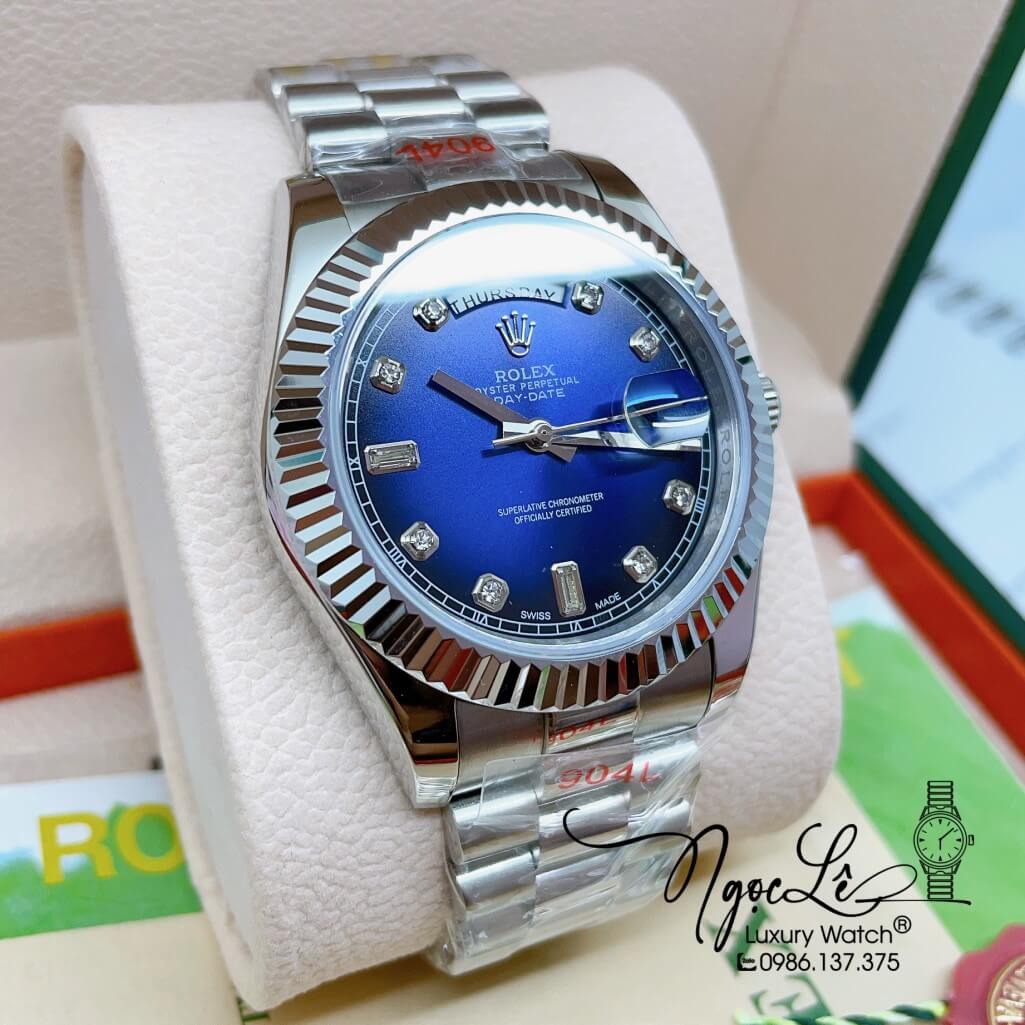 Đồng Hồ Rolex Day-Date Automatic Dây Kim Loại Silver Mặt Ombre Xanh Dương 41mm