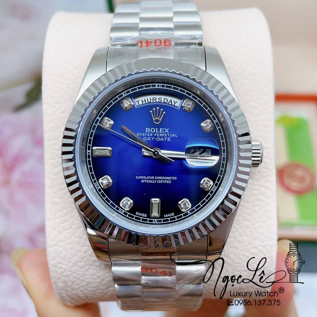 Đồng Hồ Rolex Day-Date Automatic Dây Kim Loại Silver Mặt Ombre Xanh Dương 41mm