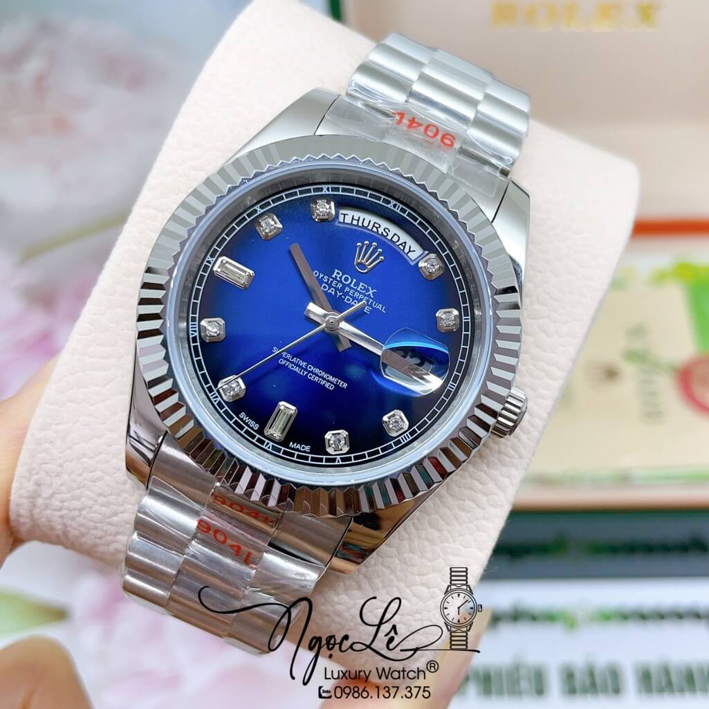 Đồng Hồ Rolex Day-Date Automatic Dây Kim Loại Silver Mặt Ombre Xanh Dương 41mm
