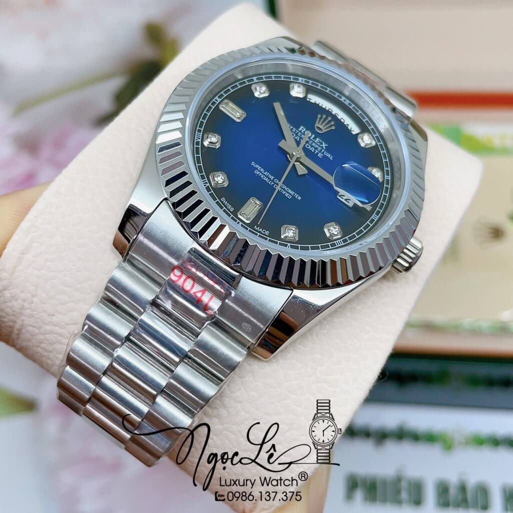 Đồng Hồ Rolex Day-Date Automatic Dây Kim Loại Silver Mặt Ombre Xanh Dương 41mm