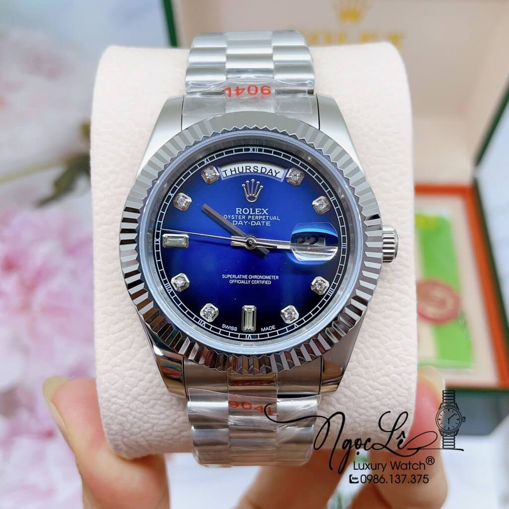 Đồng Hồ Rolex Day-Date Automatic Dây Kim Loại Silver Mặt Ombre Xanh Dương 41mm