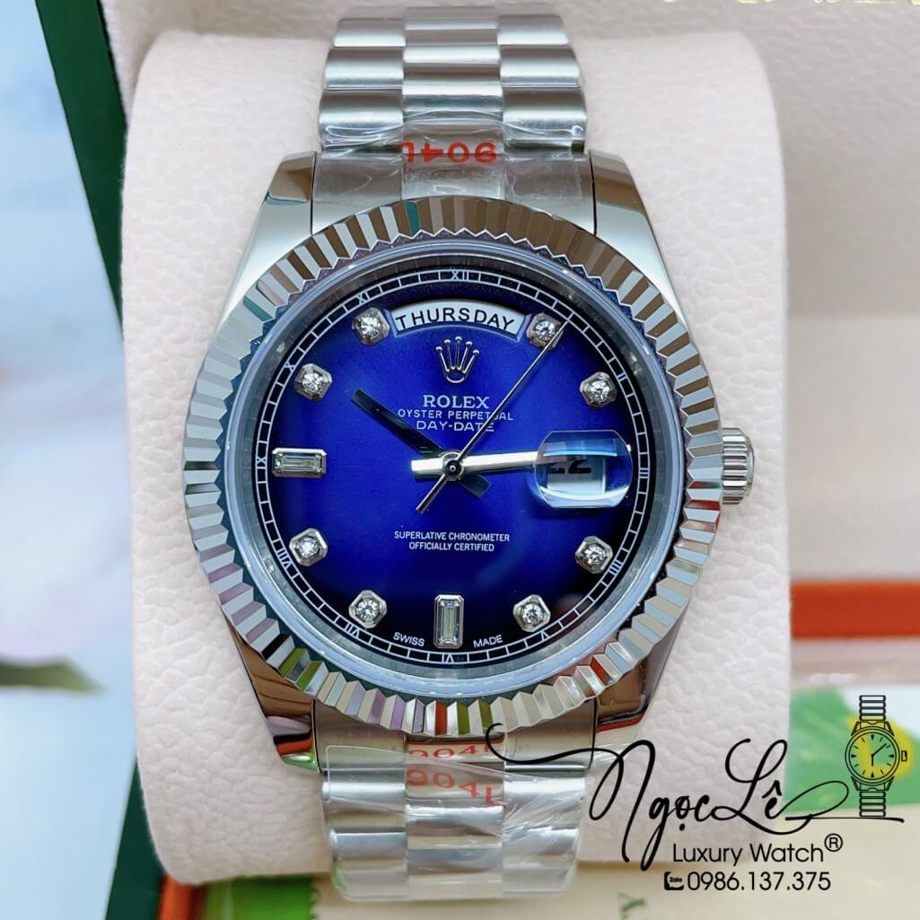 Đồng Hồ Rolex Day-Date Automatic Dây Kim Loại Silver Mặt Ombre Xanh Dương 41mm