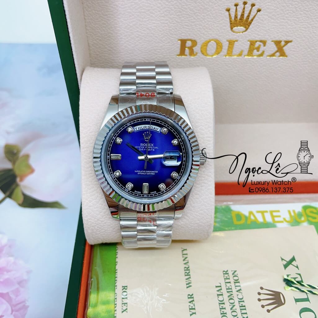 Đồng Hồ Rolex Day-Date Automatic Dây Kim Loại Silver Mặt Ombre Xanh Dương 41mm