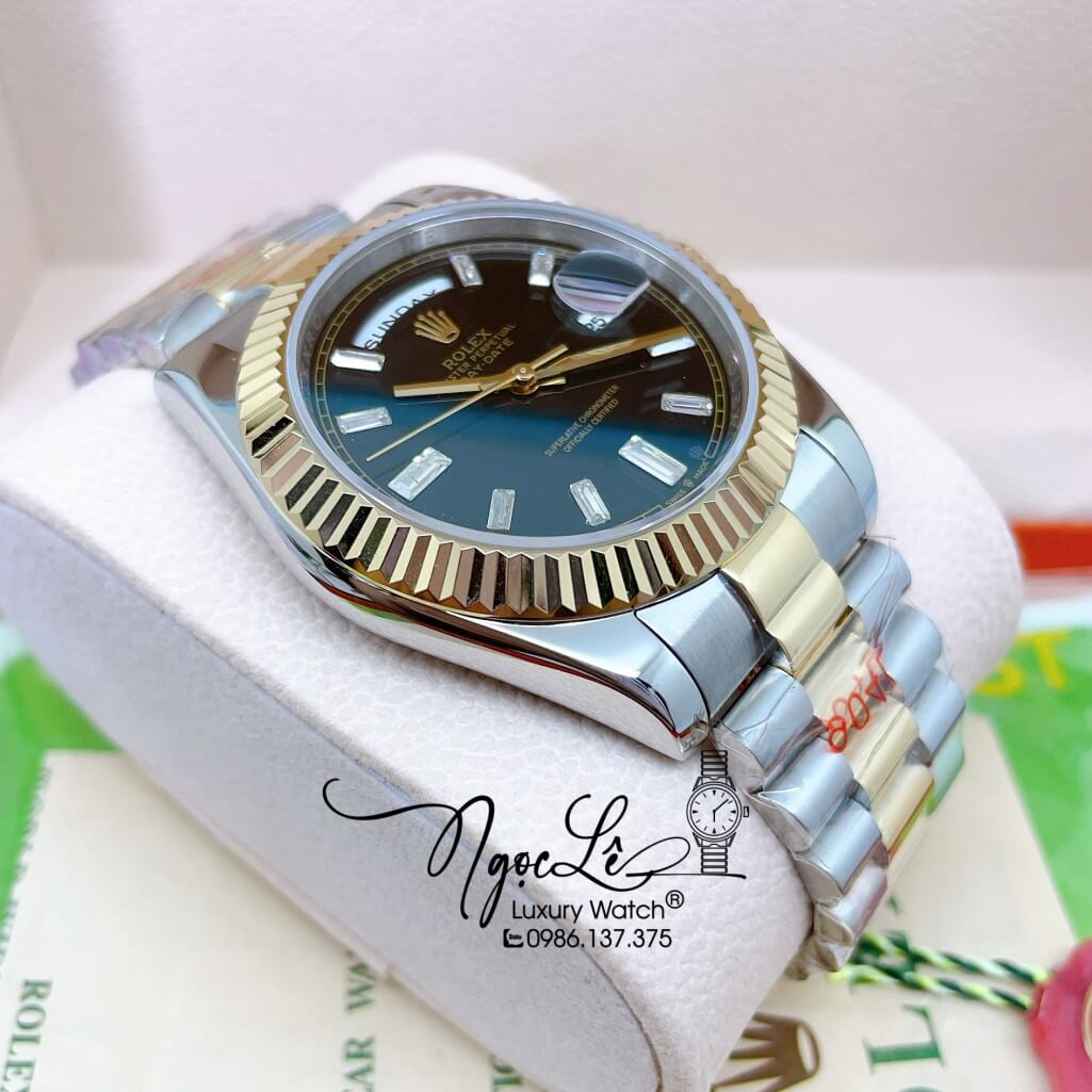 Đồng Hồ Rolex Day-Date Automatic Dây Kim Loại Demi Vàng Mặt Đen 41mm