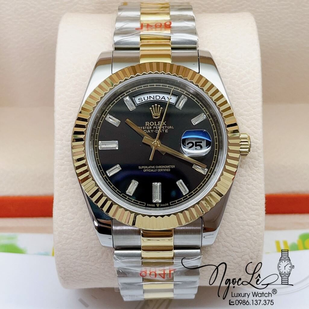 Đồng Hồ Rolex Day-Date Automatic Dây Kim Loại Demi Vàng Mặt Đen 41mm