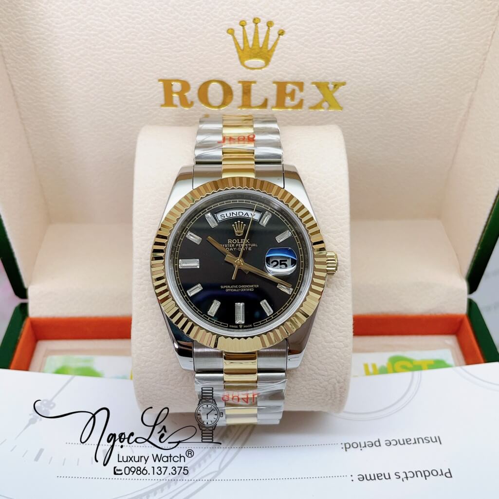 Đồng Hồ Rolex Day-Date Automatic Dây Kim Loại Demi Vàng Mặt Đen 41mm