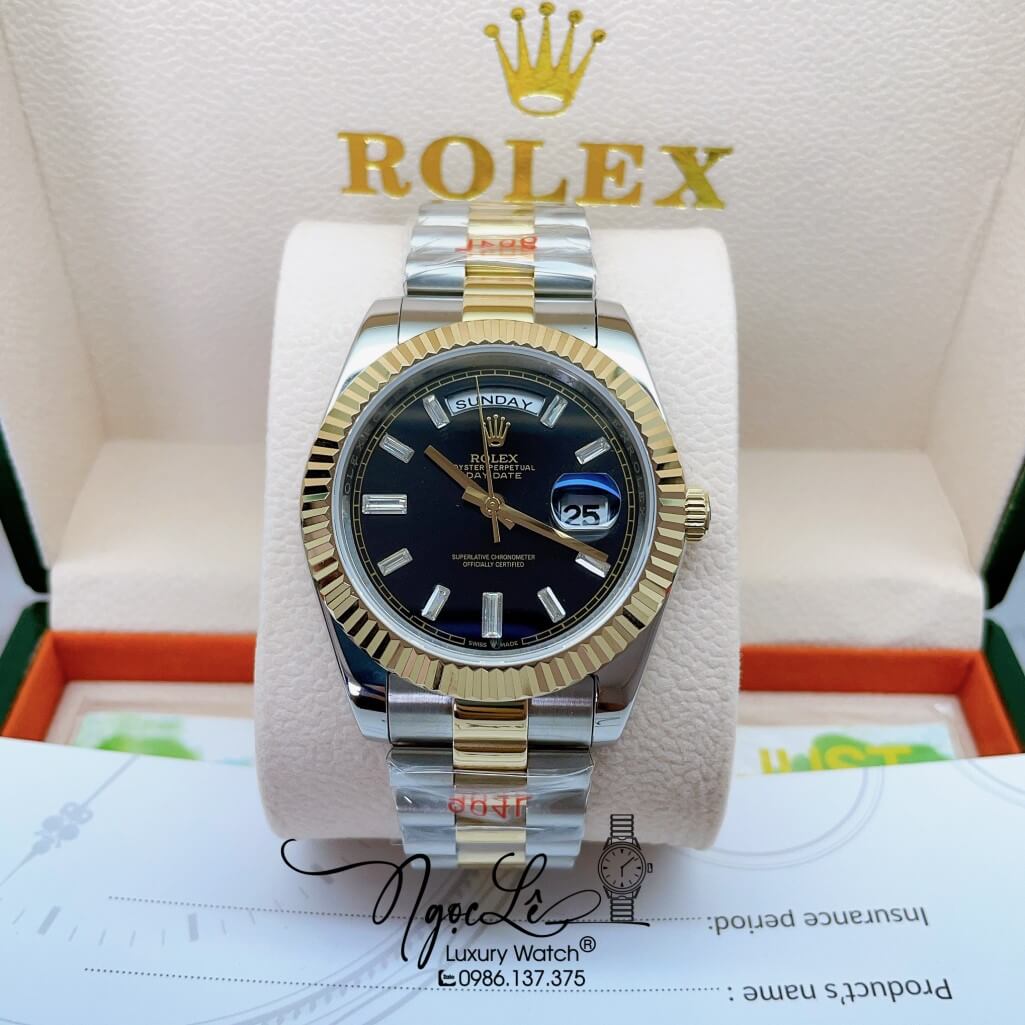 Đồng Hồ Rolex Day-Date Automatic Dây Kim Loại Demi Vàng Mặt Đen 41mm