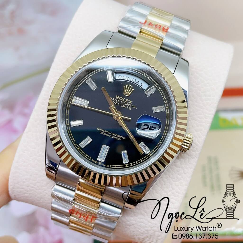 Đồng Hồ Rolex Day-Date Automatic Dây Kim Loại Demi Vàng Mặt Đen 41mm