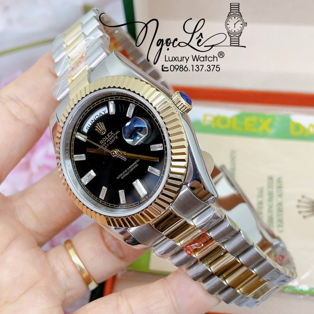 Đồng Hồ Rolex Day-Date Automatic Dây Kim Loại Demi Vàng Mặt Đen 41mm