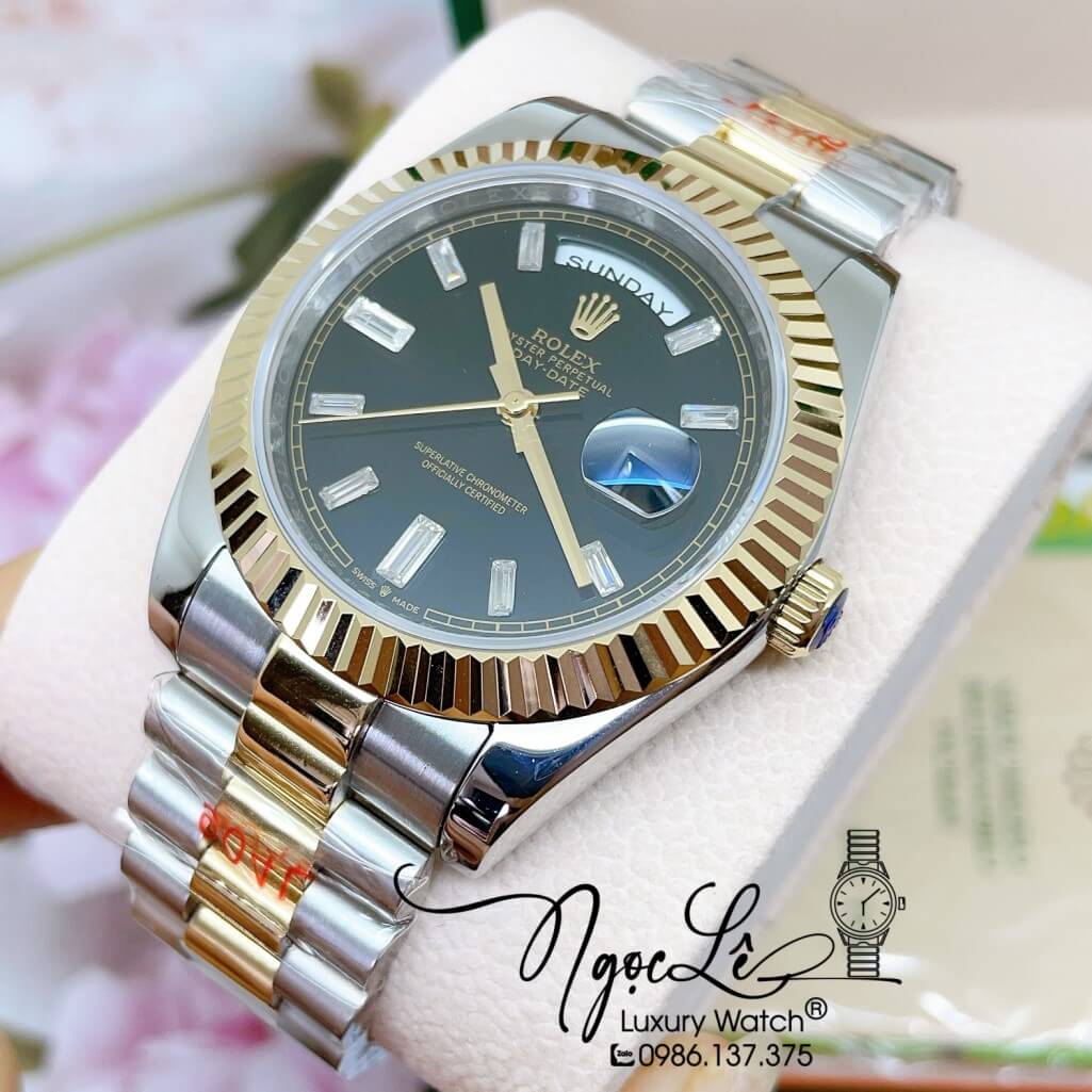 Đồng Hồ Rolex Day-Date Automatic Dây Kim Loại Demi Vàng Mặt Đen 41mm