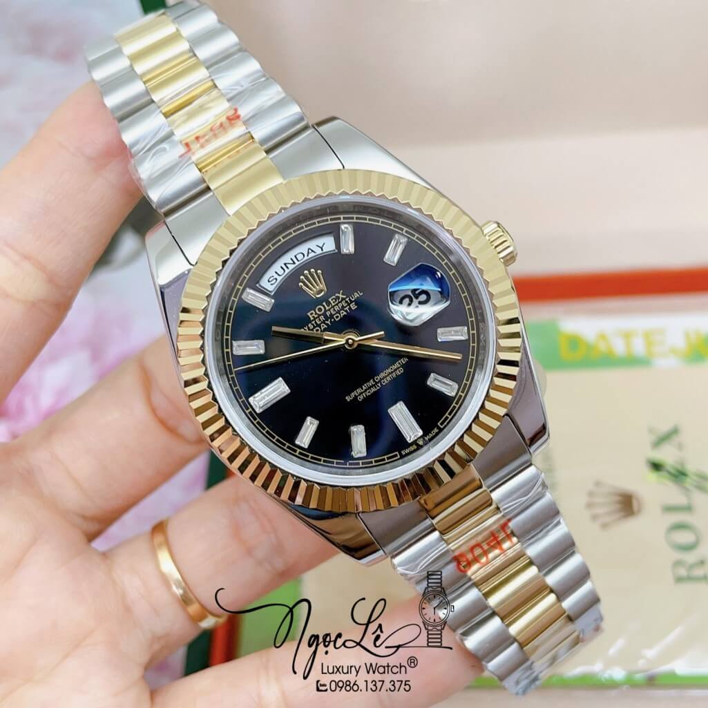Đồng Hồ Rolex Day-Date Automatic Dây Kim Loại Demi Vàng Mặt Đen 41mm