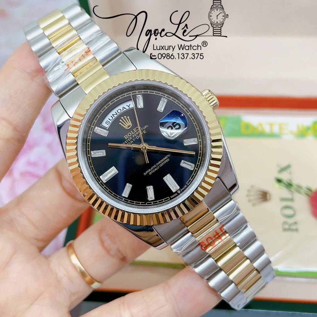 Đồng Hồ Rolex Day-Date Automatic Dây Kim Loại Demi Vàng Mặt Đen 41mm