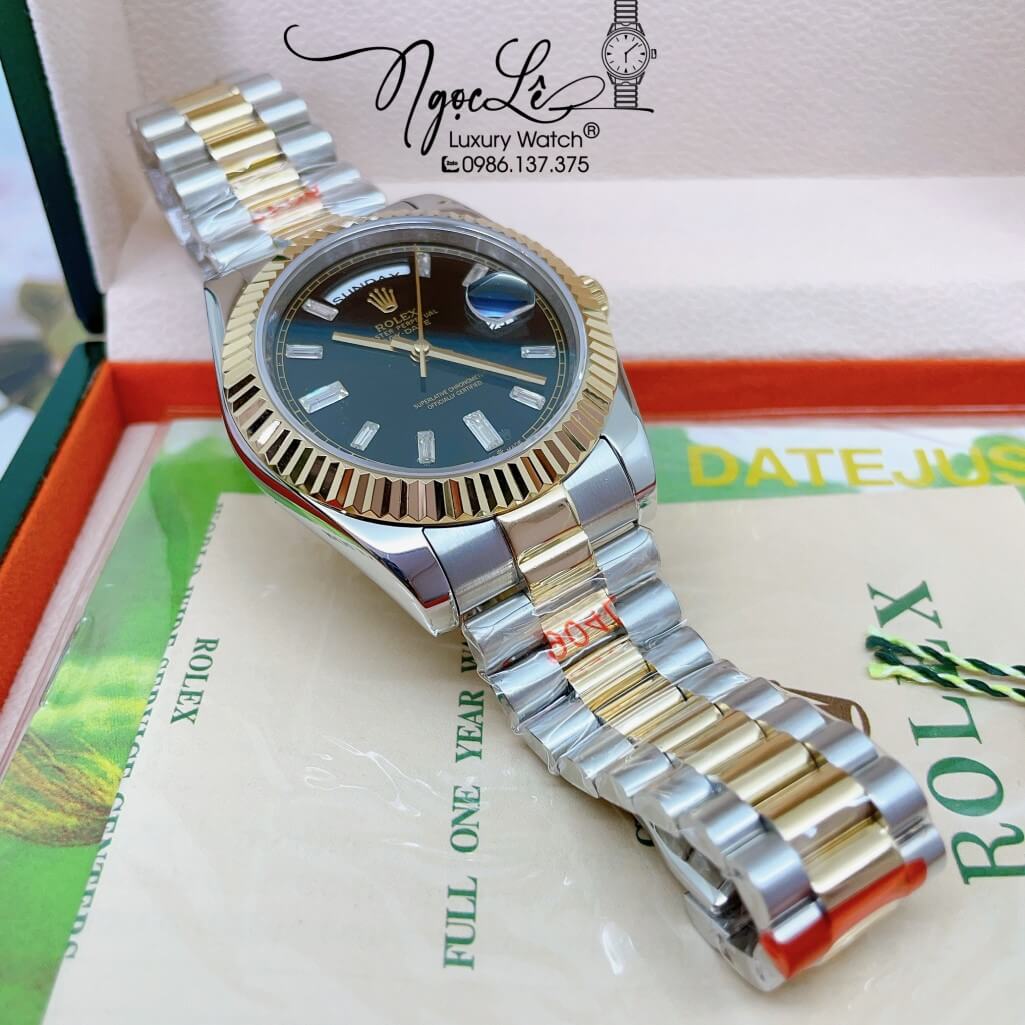 Đồng Hồ Rolex Day-Date Automatic Dây Kim Loại Demi Vàng Mặt Đen 41mm
