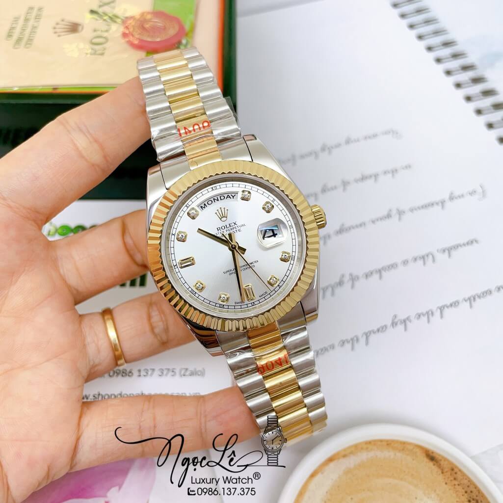 Đồng Hồ Rolex Day-Date Automatic Dây Kim Loại Demi Vàng Mặt Trắng 41mm