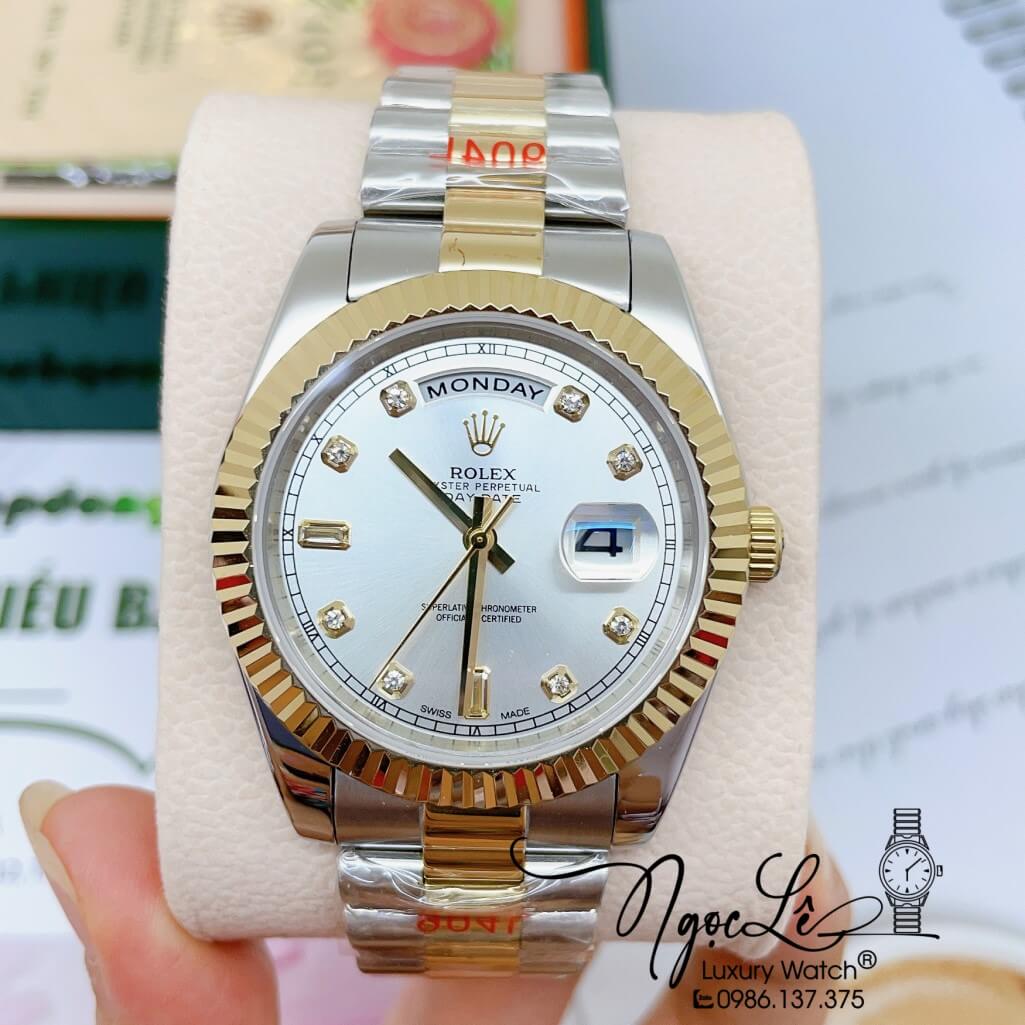 Đồng Hồ Rolex Day-Date Automatic Dây Kim Loại Demi Vàng Mặt Trắng 41mm