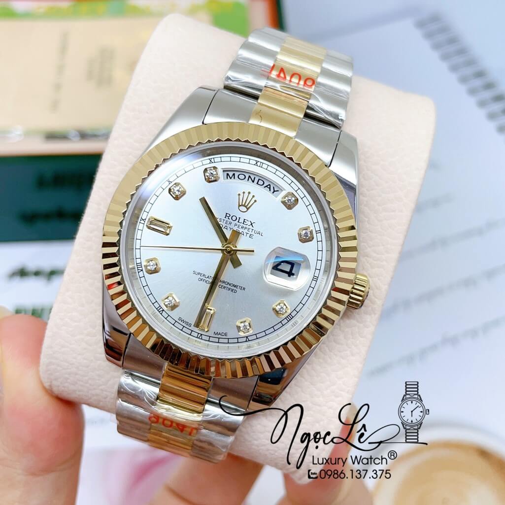 Đồng Hồ Rolex Day-Date Automatic Dây Kim Loại Demi Vàng Mặt Trắng 41mm