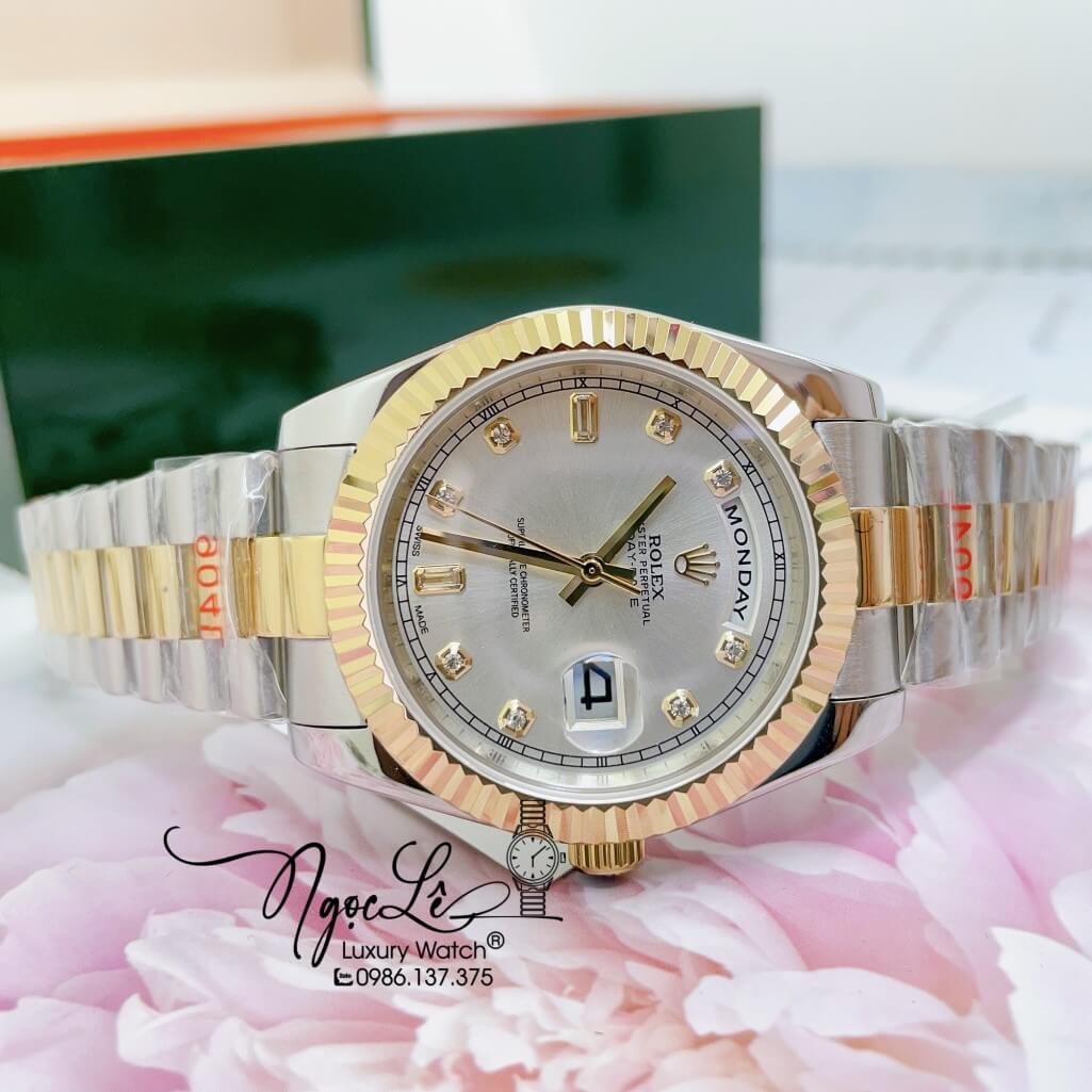 Đồng Hồ Rolex Day-Date Automatic Dây Kim Loại Demi Vàng Mặt Trắng 41mm