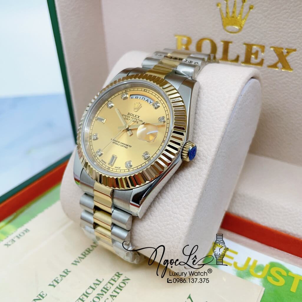 Đồng Hồ Rolex Day-Date Automatic Dây Kim Loại Demi Vàng Mặt Vàng 41mm