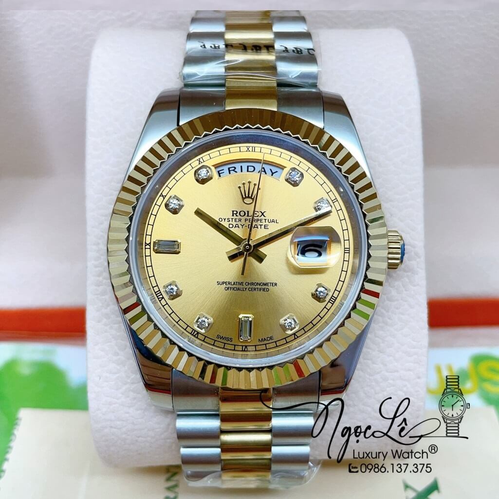 Đồng Hồ Rolex Day-Date Automatic Dây Kim Loại Demi Vàng Mặt Vàng 41mm