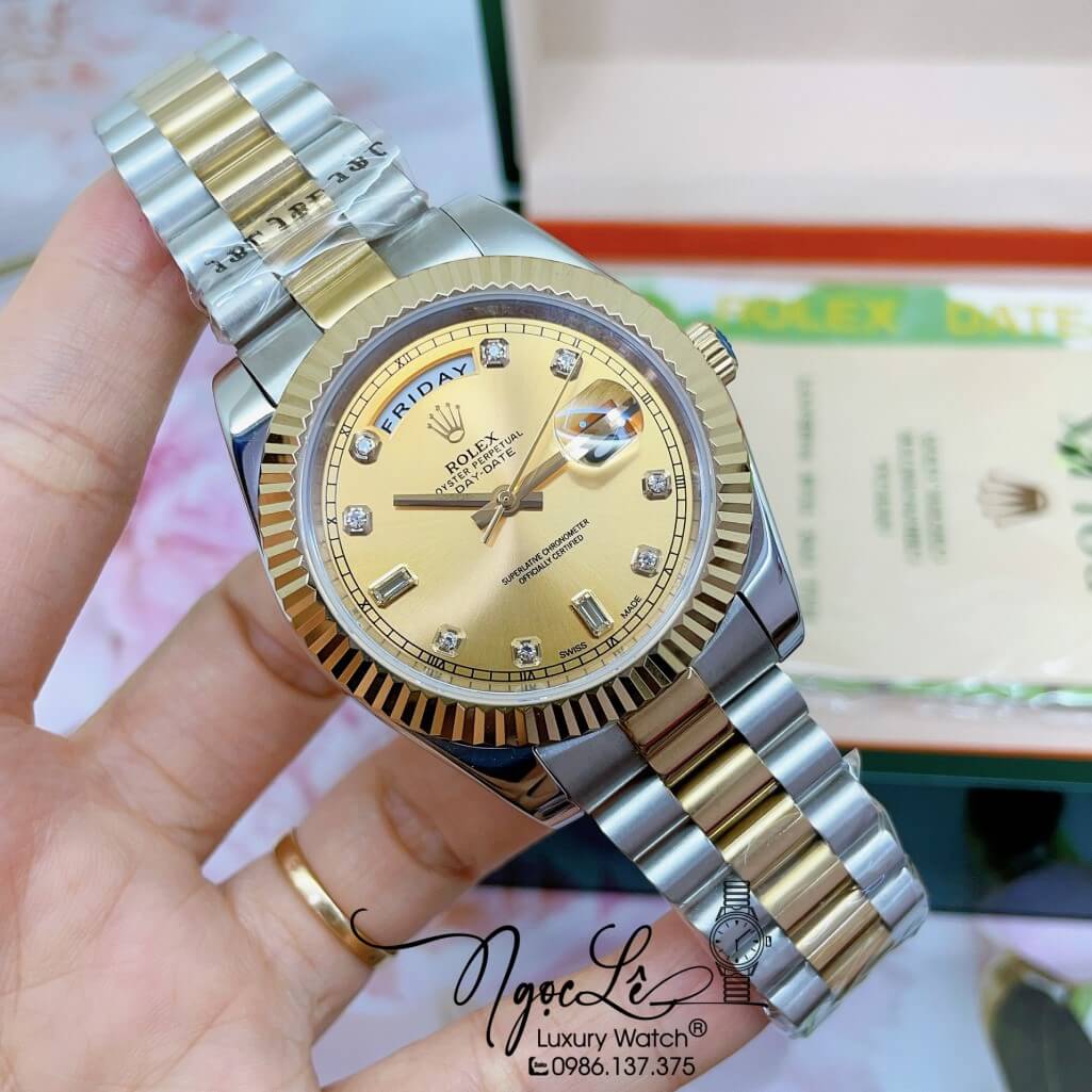 Đồng Hồ Rolex Day-Date Automatic Dây Kim Loại Demi Vàng Mặt Vàng 41mm