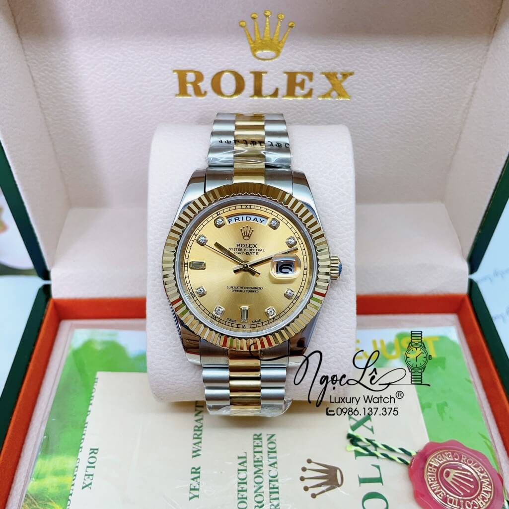 Đồng Hồ Rolex Day-Date Automatic Dây Kim Loại Demi Vàng Mặt Vàng 41mm