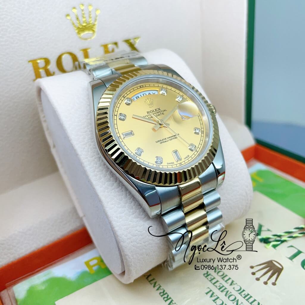 Đồng Hồ Rolex Day-Date Automatic Dây Kim Loại Demi Vàng Mặt Vàng 41mm