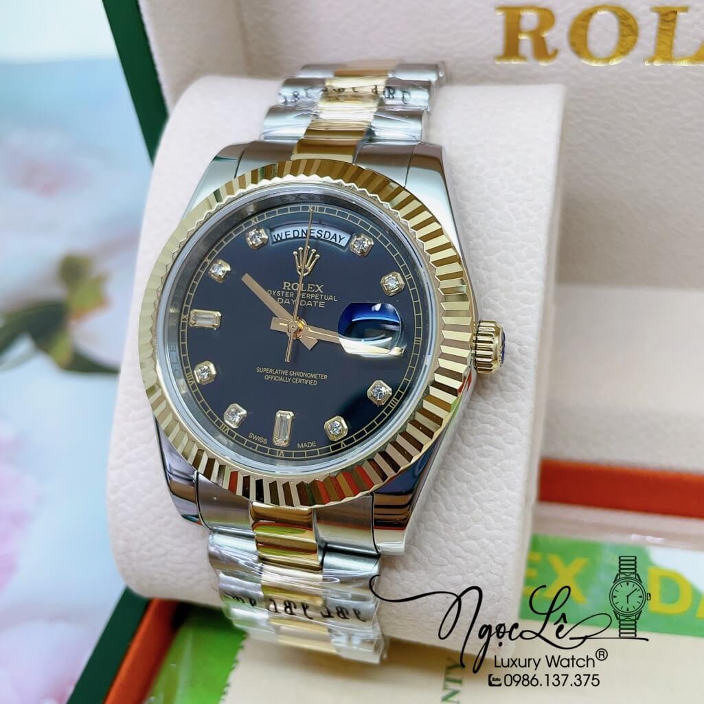 Đồng Hồ Rolex Day-Date Automatic Dây Kim Loại Demi Vàng Mặt Đen 41mm