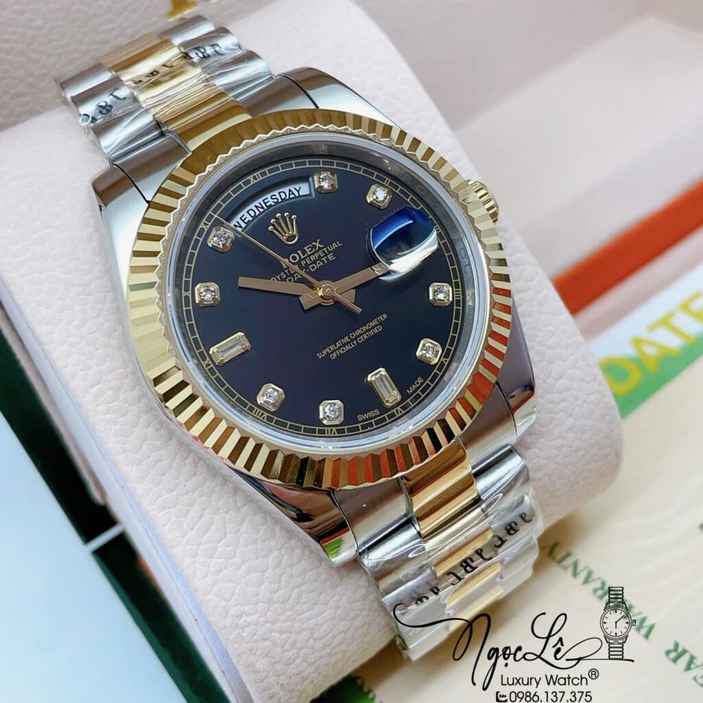 Đồng Hồ Rolex Day-Date Automatic Dây Kim Loại Demi Vàng Mặt Đen 41mm