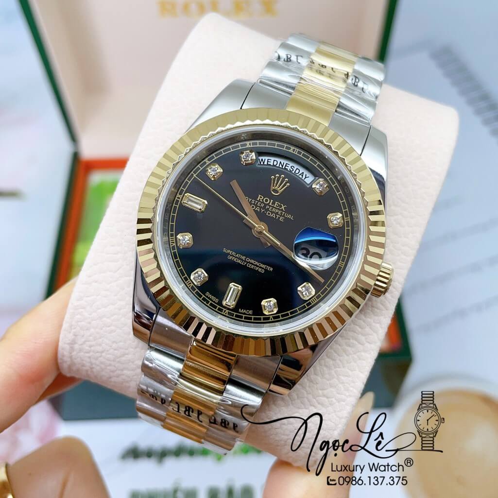 Đồng Hồ Rolex Day-Date Automatic Dây Kim Loại Demi Vàng Mặt Đen 41mm