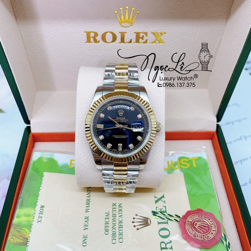 Đồng Hồ Rolex Day-Date Automatic Dây Kim Loại Demi Vàng Mặt Đen 41mm