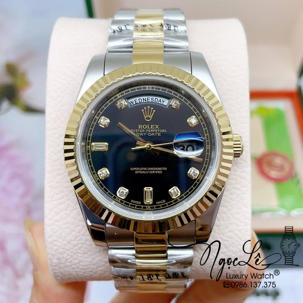 Đồng Hồ Rolex Day-Date Automatic Dây Kim Loại Demi Vàng Mặt Đen 41mm