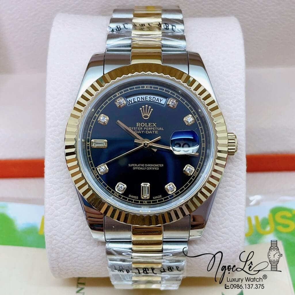 Đồng Hồ Rolex Day-Date Automatic Dây Kim Loại Demi Vàng Mặt Đen 41mm