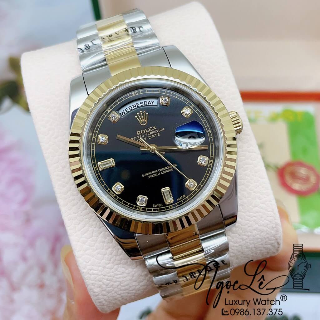 Đồng Hồ Rolex Day-Date Automatic Dây Kim Loại Demi Vàng Mặt Đen 41mm