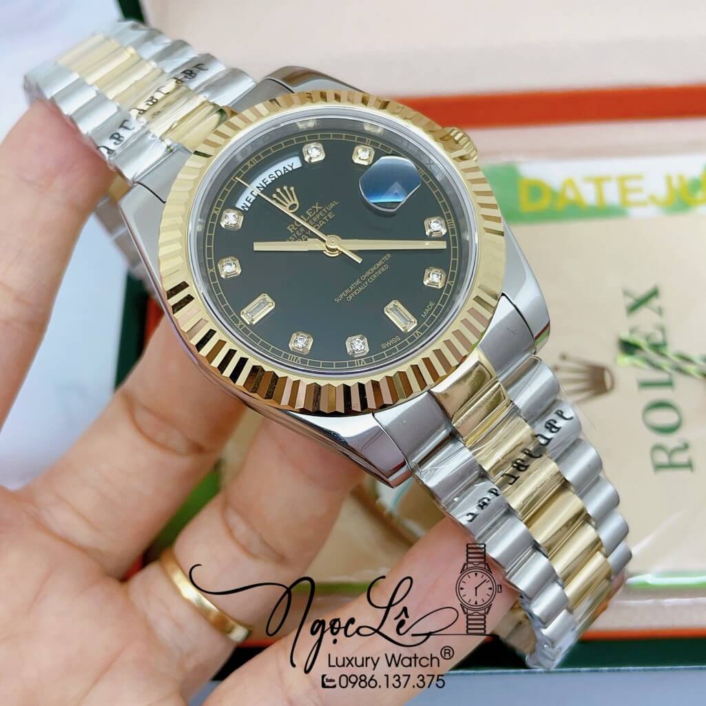 Đồng Hồ Rolex Day-Date Automatic Dây Kim Loại Demi Vàng Mặt Đen 41mm