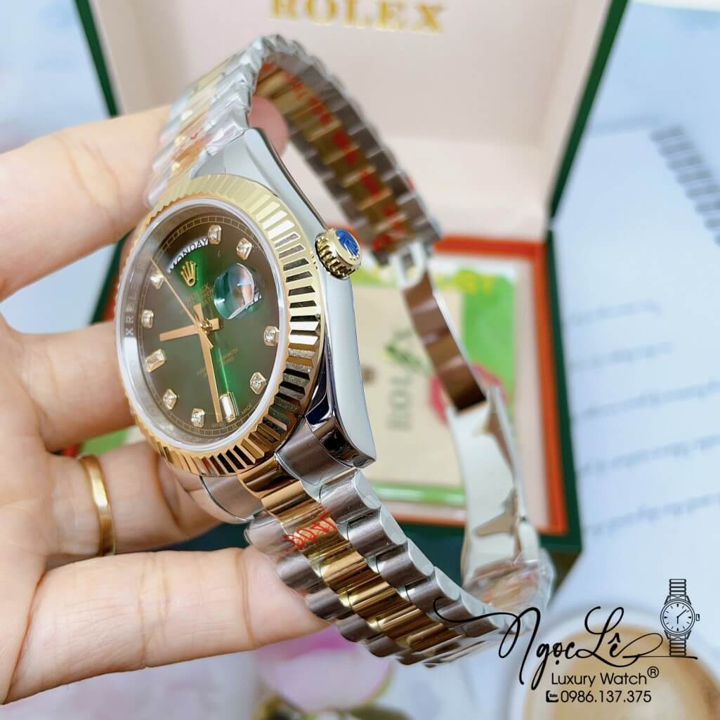 Đồng Hồ Rolex Day-Date Automatic Dây Kim Loại Demi Mặt Ombre Xanh 41mm