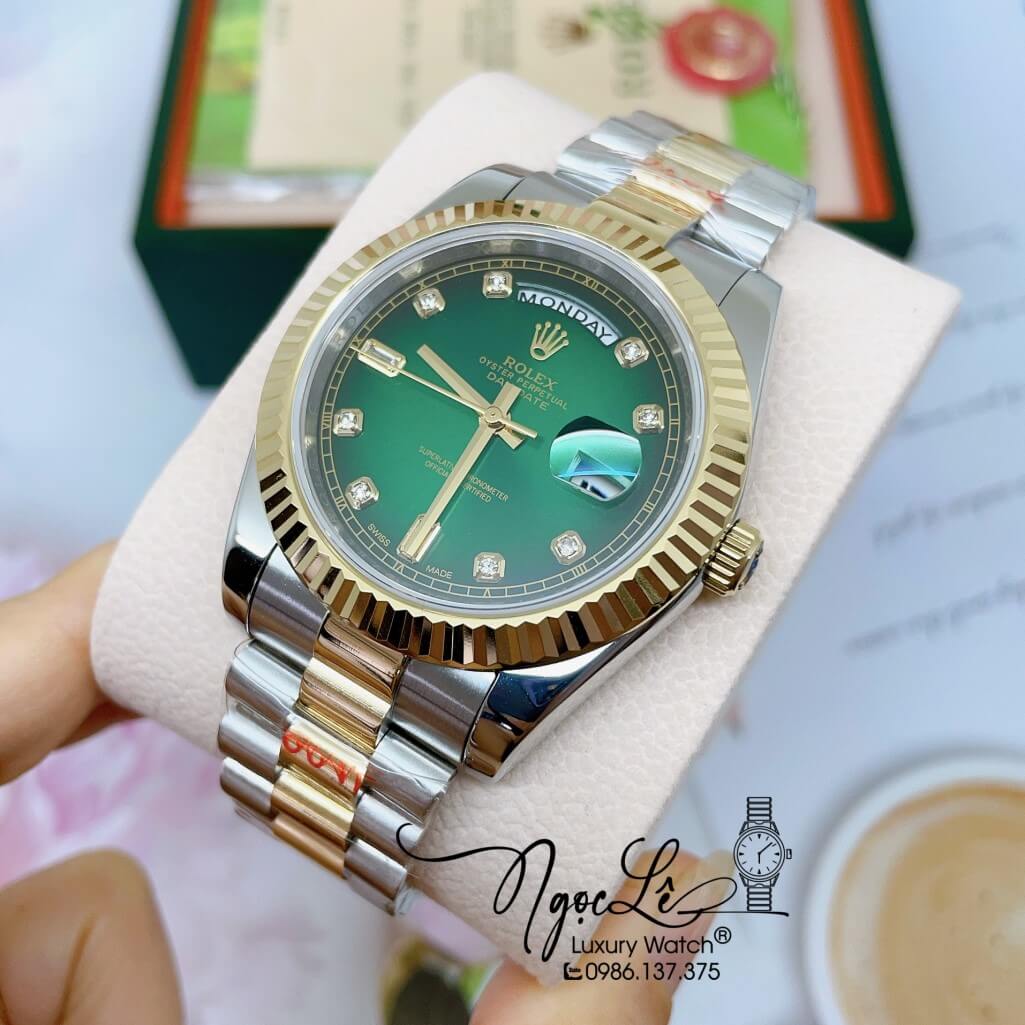 Đồng Hồ Rolex Day-Date Automatic Dây Kim Loại Demi Mặt Ombre Xanh 41mm