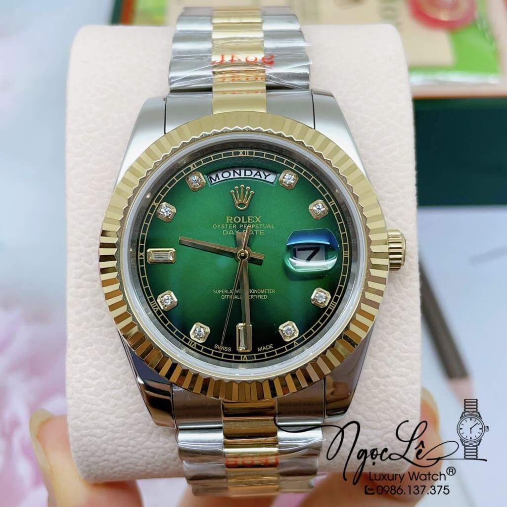 Đồng Hồ Rolex Day-Date Automatic Dây Kim Loại Demi Mặt Ombre Xanh 41mm